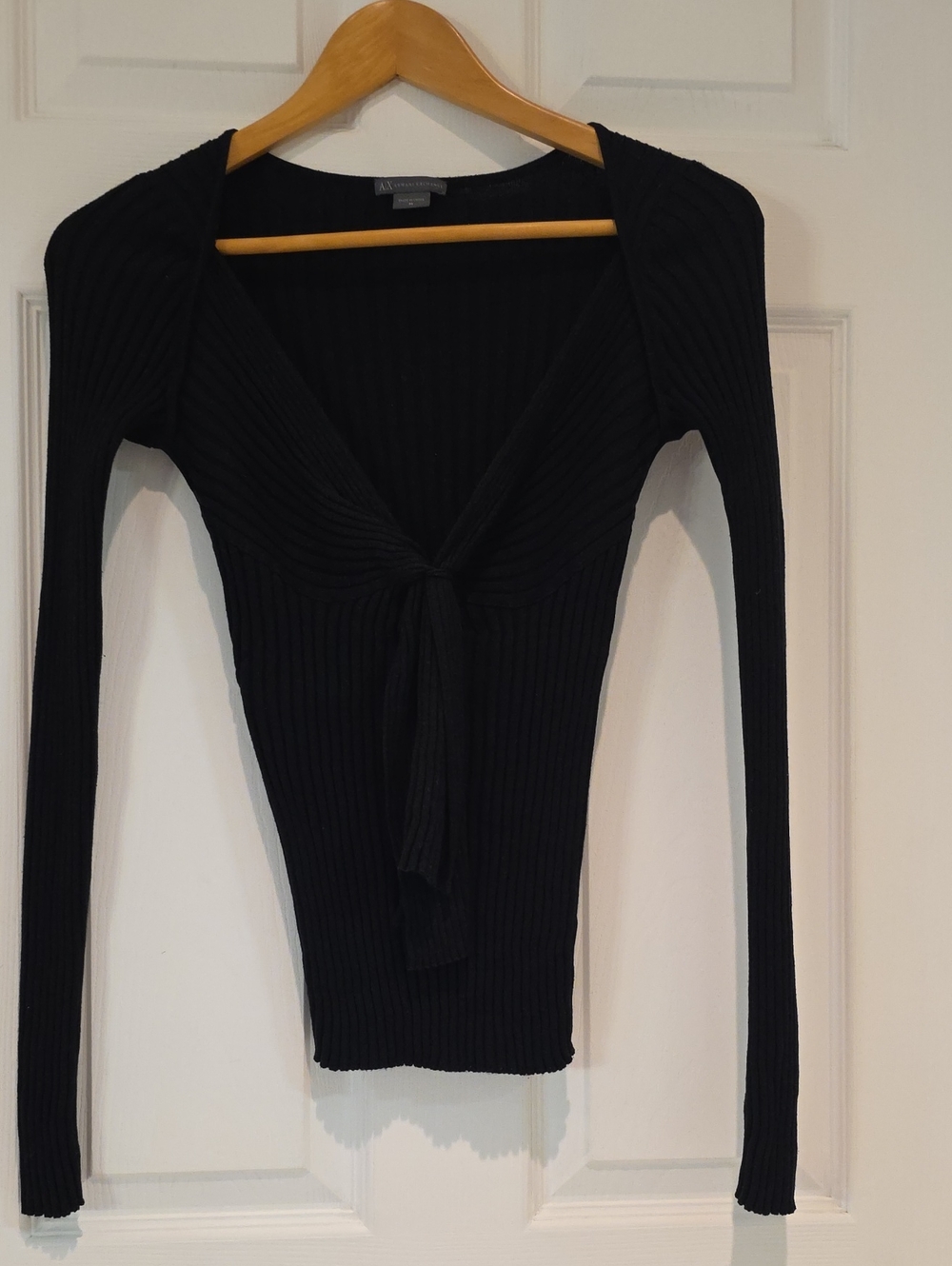 A|X Armani Exchange Black Ribbed Tie-Front V Neck Sweater Womens Med